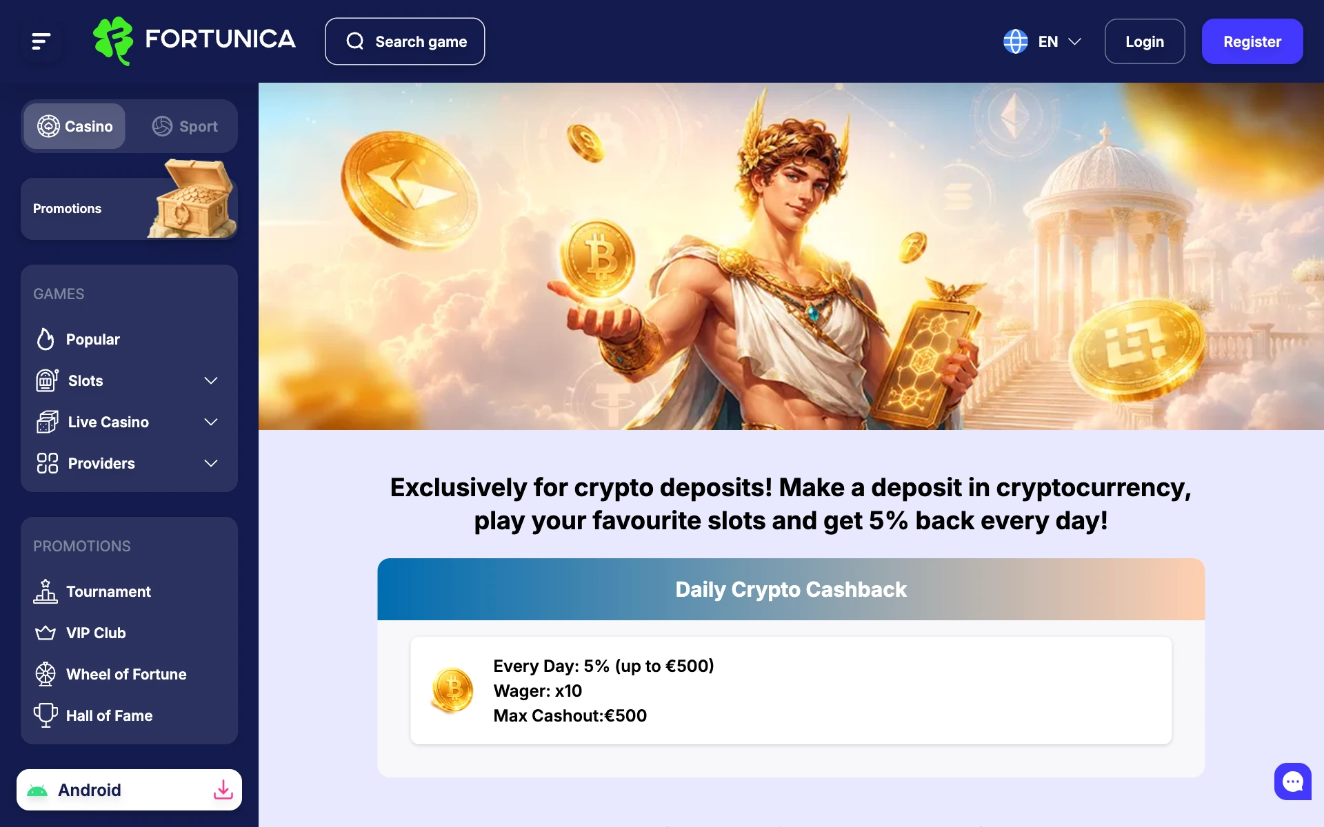 Fortunica Daily Crypto Cashback page with 5% back on crypto deposits