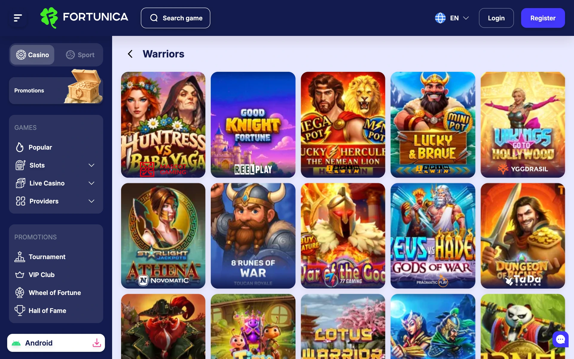 Fortunica Casino Warriors shelf with Viking and gladiator slot tiles