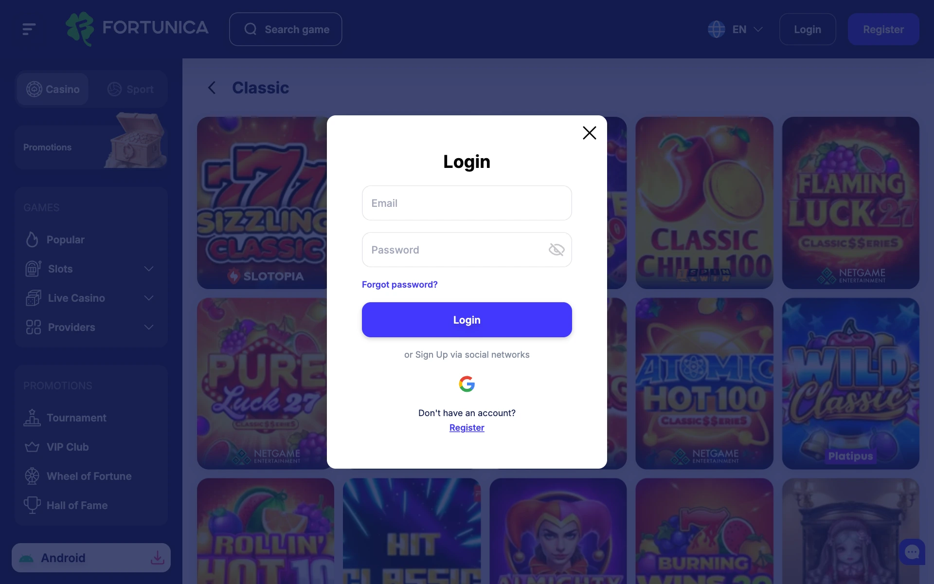 Fortunica login window with e-mail, password and Google sign-in